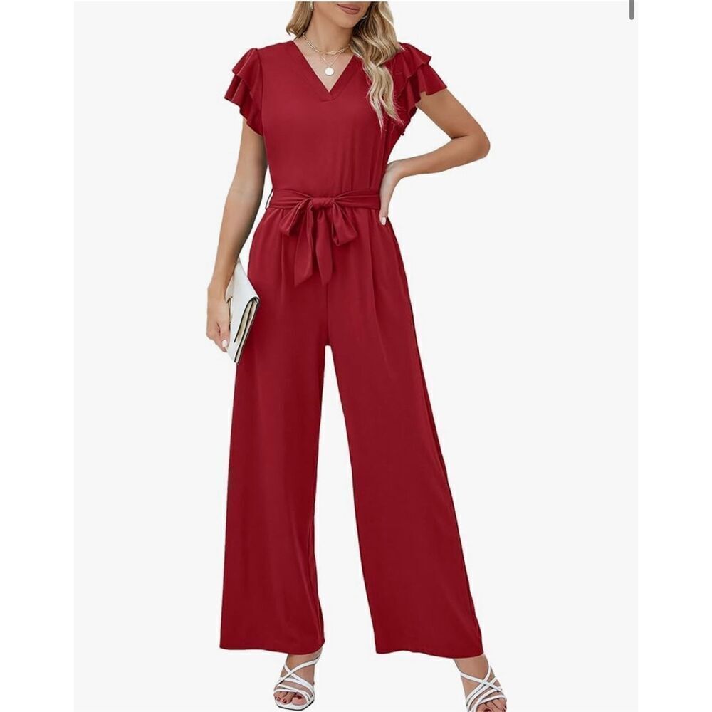 NEW Red jumpsuit Career Ruffle Sleeve V Neck Romper NO BELT M